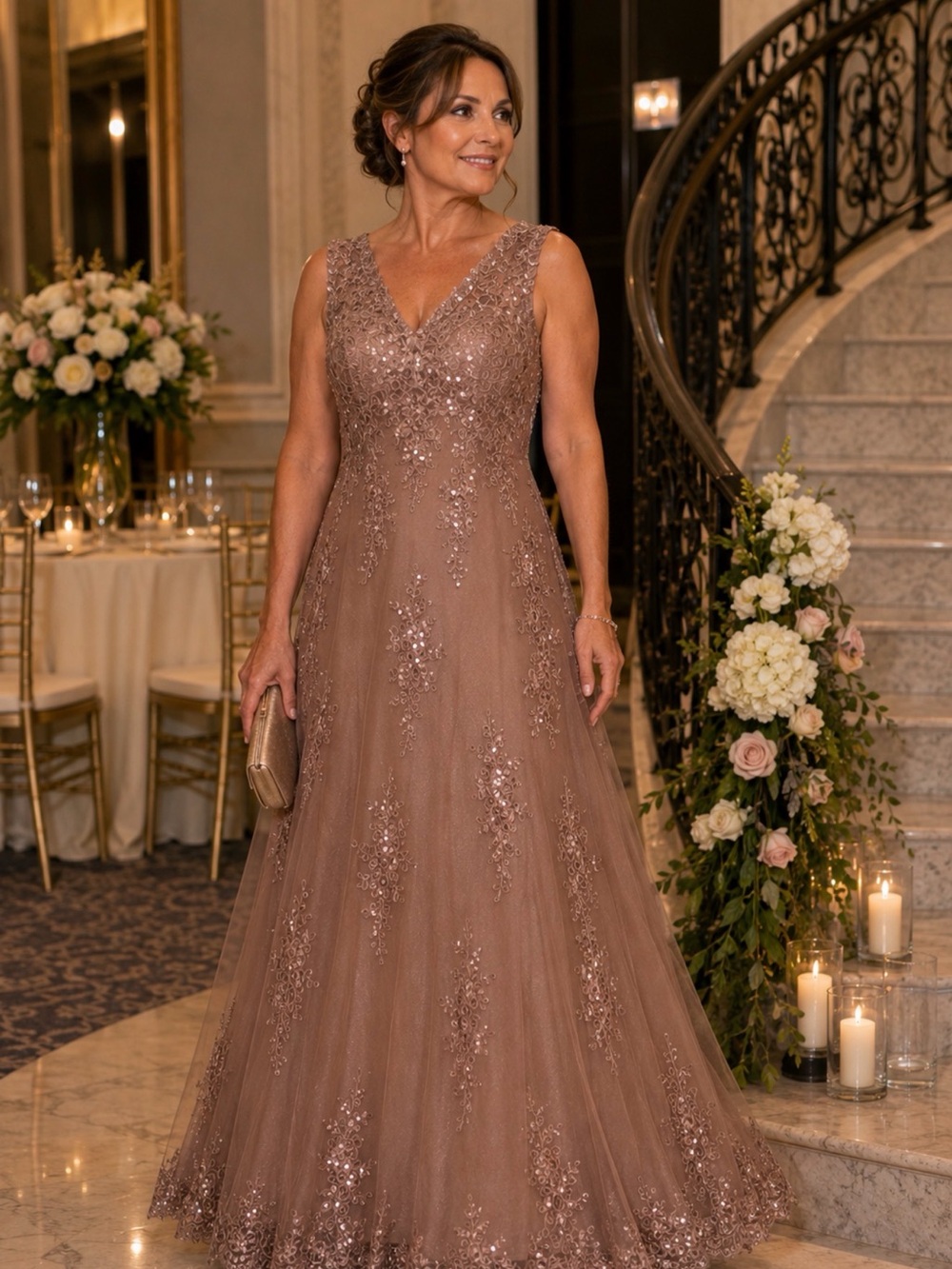 Elegant V-Neck Embellished A-Line Dress in Dusty Rose